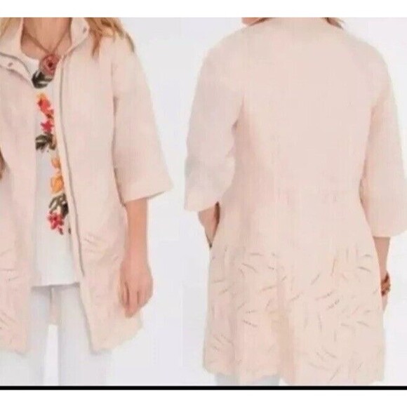Chicos Linen Zip Up Jacket M Pink Eyelet 3/4 Sleeve Tunic Pockets Lagenlook‎ - Picture 3 of 16